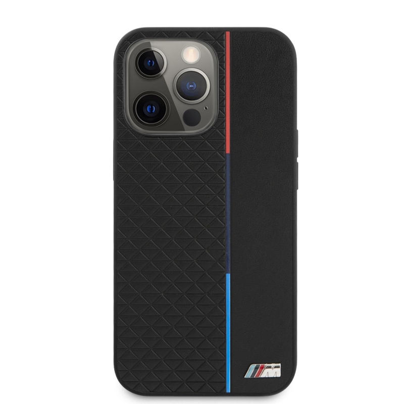 BMW PU háromszögek trikolor vonalas hátsó borító iPhone 13 Pro Max-hoz Fekete