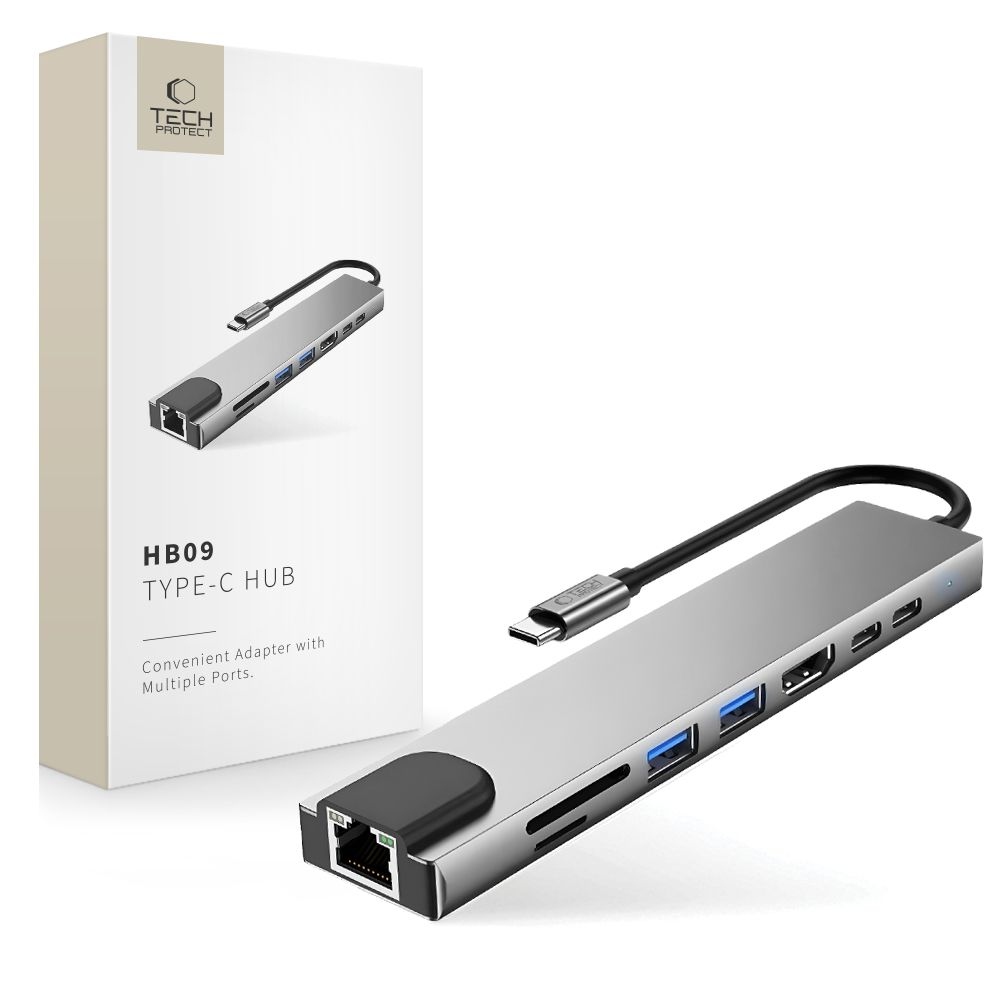 Tech-Protect HB09 USB-C adapter 8 az 1-ben HDMI, USB, RJ45 és kártyaolvasóval