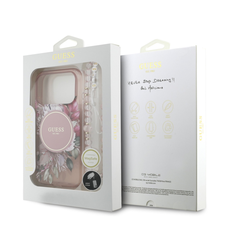Guess IML Flowers Strap MagSafe hátlapi borító iPhone 17 Pro rózsaszínhez