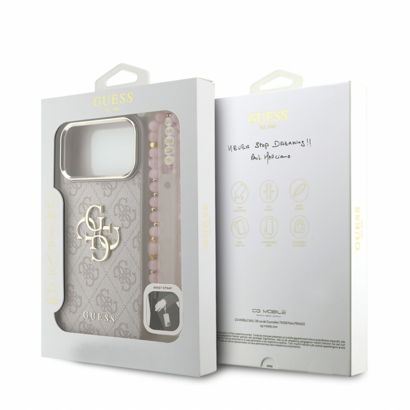 Guess PU 4G fém logós pántos hátlap az iPhone 18 Pro Max-hoz, rózsaszín