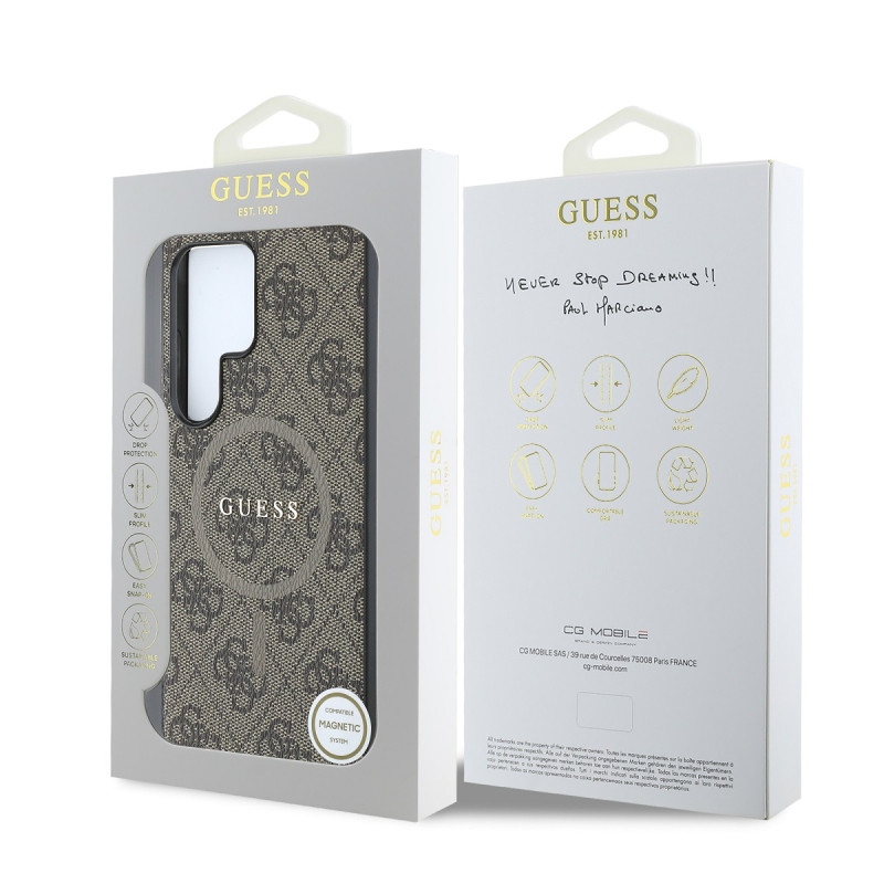 Guess PU bőr 4G színes gyűrűs MagSafe hátlap Samsung Galaxy S25 Ultra Brownhoz