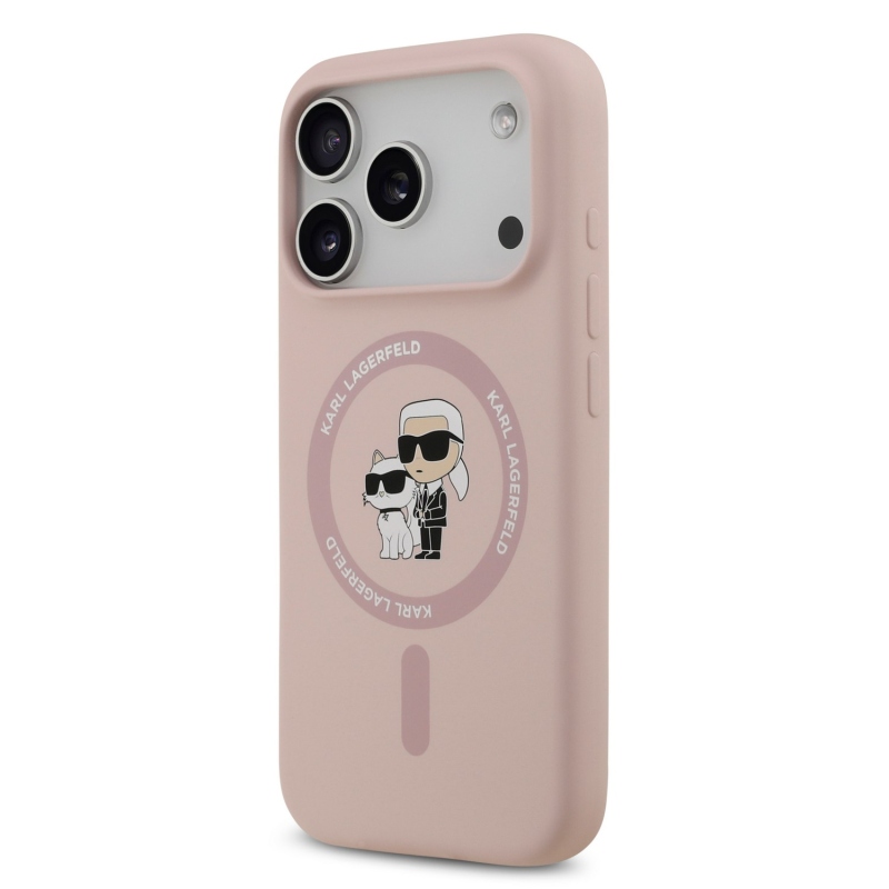 Karl Lagerfeld Liquid Silicone Karl és Choupette MagSafe hátsó tok iPhone 18 Pro-hoz, rózsaszín