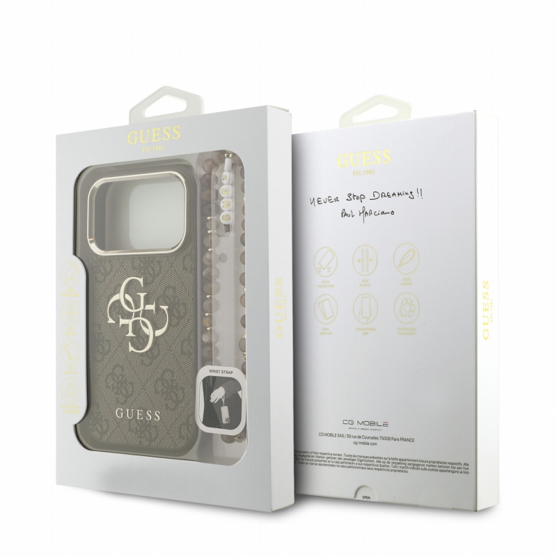 Guess PU 4G fém logós pántos hátlap az iPhone 18 Pro-hoz, barna