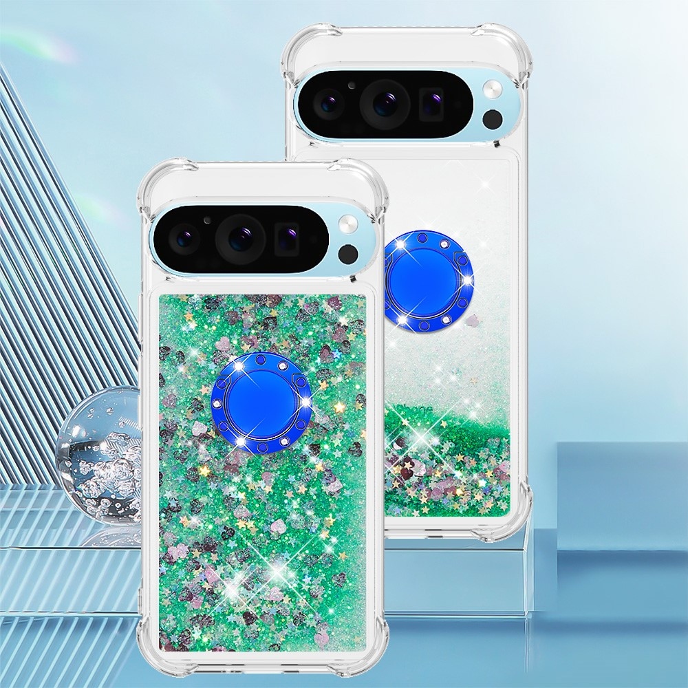 Glitt homokóra zselés tok ujjgyűrűvel a Google Pixel 10 számára - zöld/szív