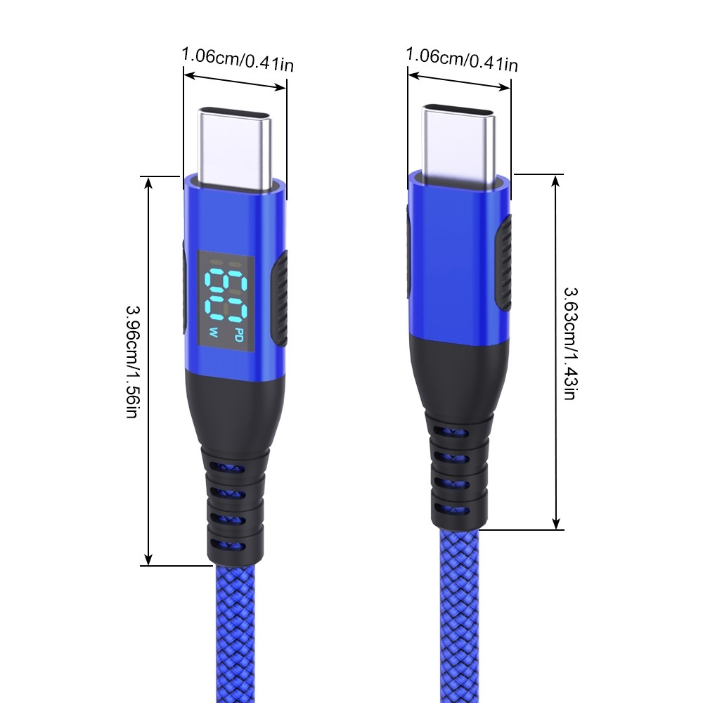 Nejlon USB-C / USB-C kijelzőkábellel 3m 60W - kék