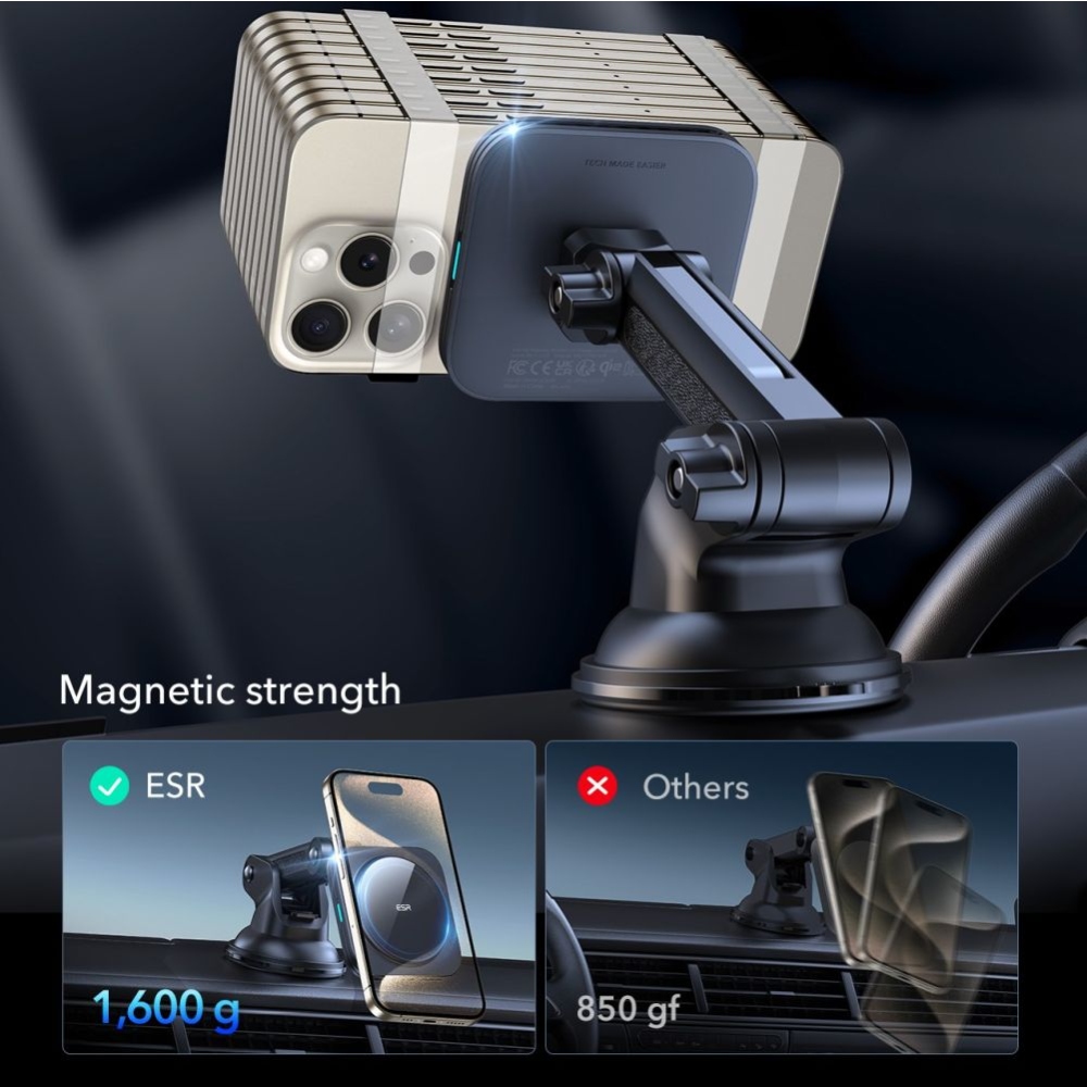 ESR HaloLock Qi2 MagSafe mágneses műszerfali tartó 15W-os vezeték nélküli töltéssel - fekete