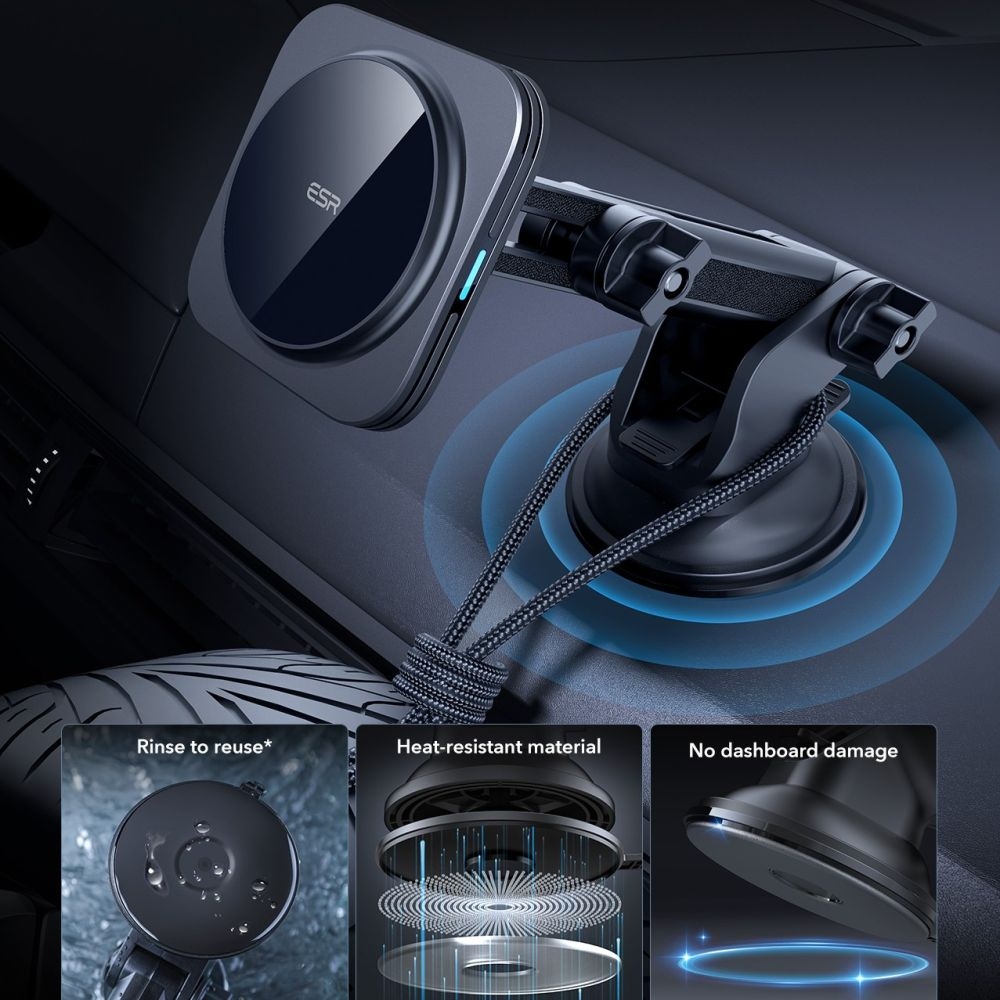 ESR HaloLock Qi2 MagSafe mágneses műszerfali tartó 15W-os vezeték nélküli töltéssel - fekete