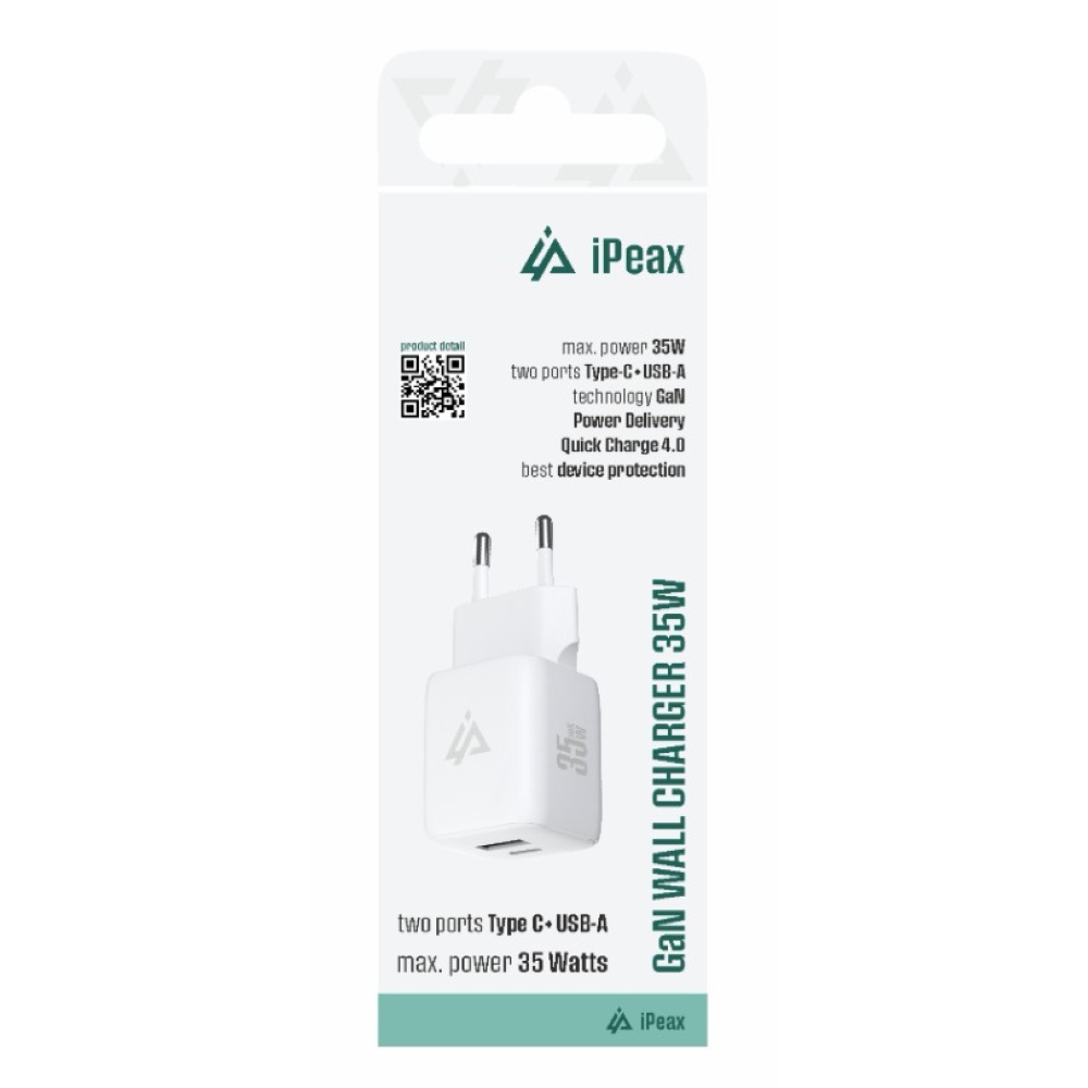 iPEAX GaN hálózati töltő 35 W, 1x USB-C és 1x USB-A - fehér