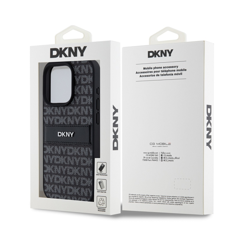 DKNY PU bőr ismétlődő mintás tonális csíkos hátlapi borító iPhone 15 Pro Fekete