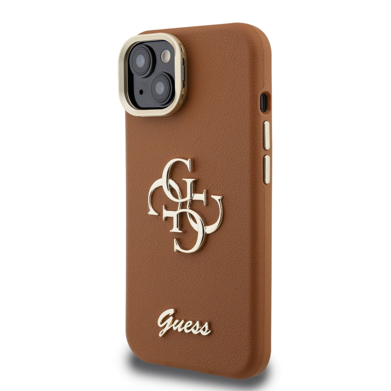 Guess PU szemcsés 4G Logo Stand Kamera keret hátlapi borító iPhone 13-hoz Barna barna
