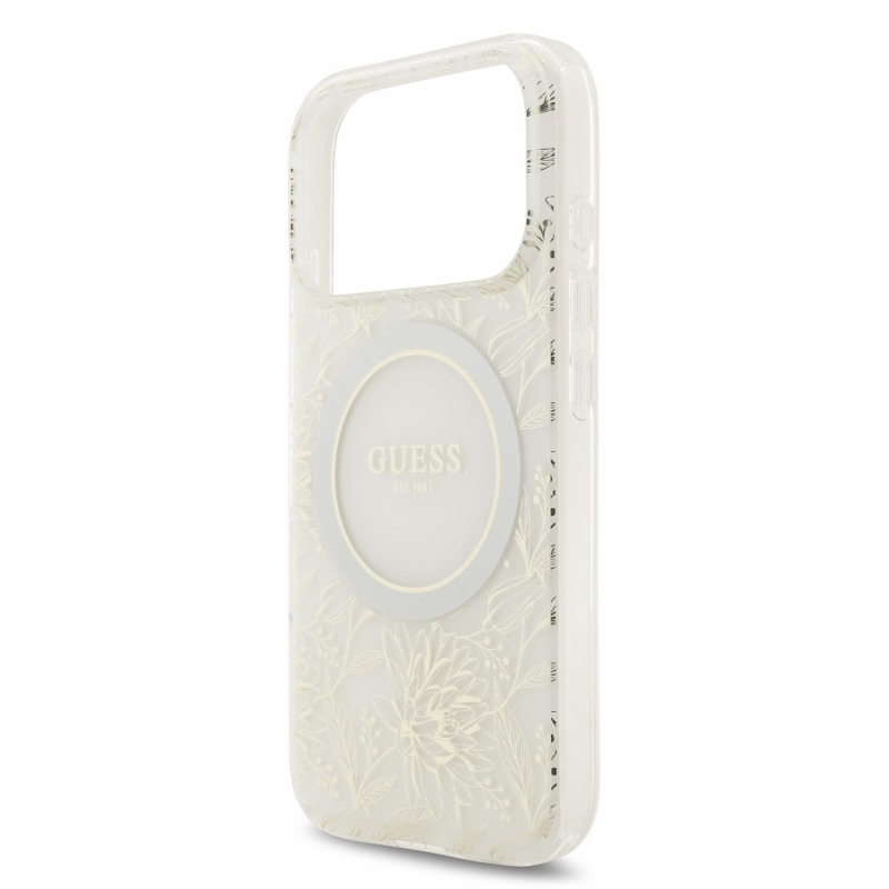Guess IML Flowers Allover Strap MagSafe hátsó tok iPhone 18 Pro-hoz, fehér