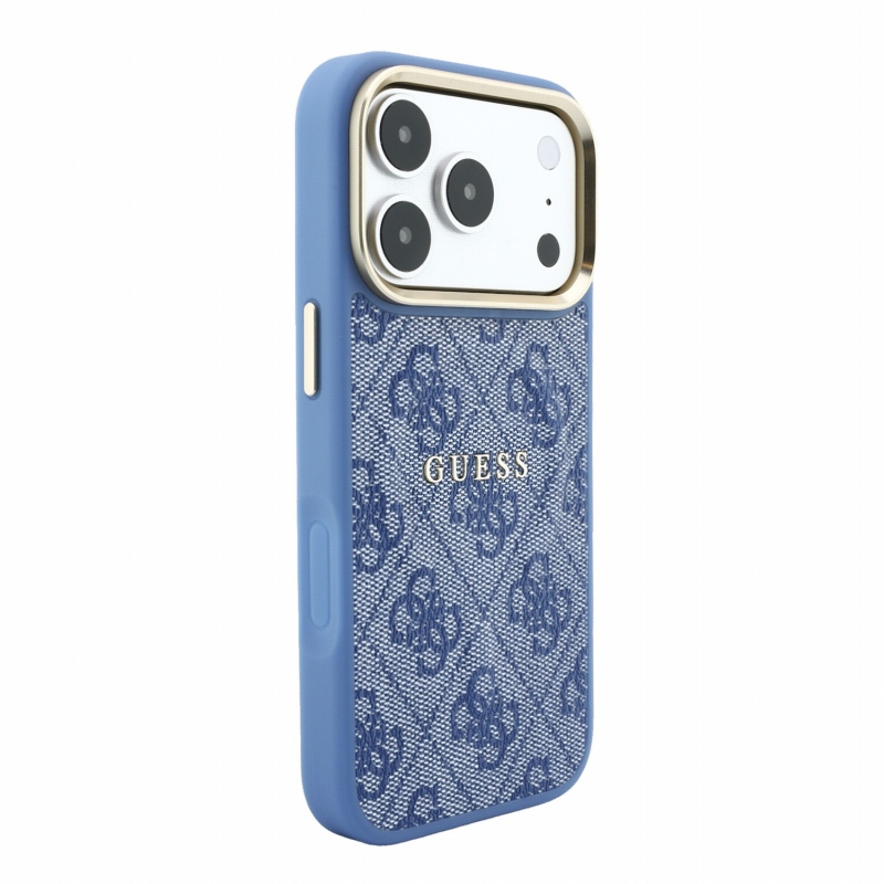 Guess PU bőr 4G aranykeretes, dombornyomott MagSafe hátsó tok iPhone 18 Pro-hoz, kék