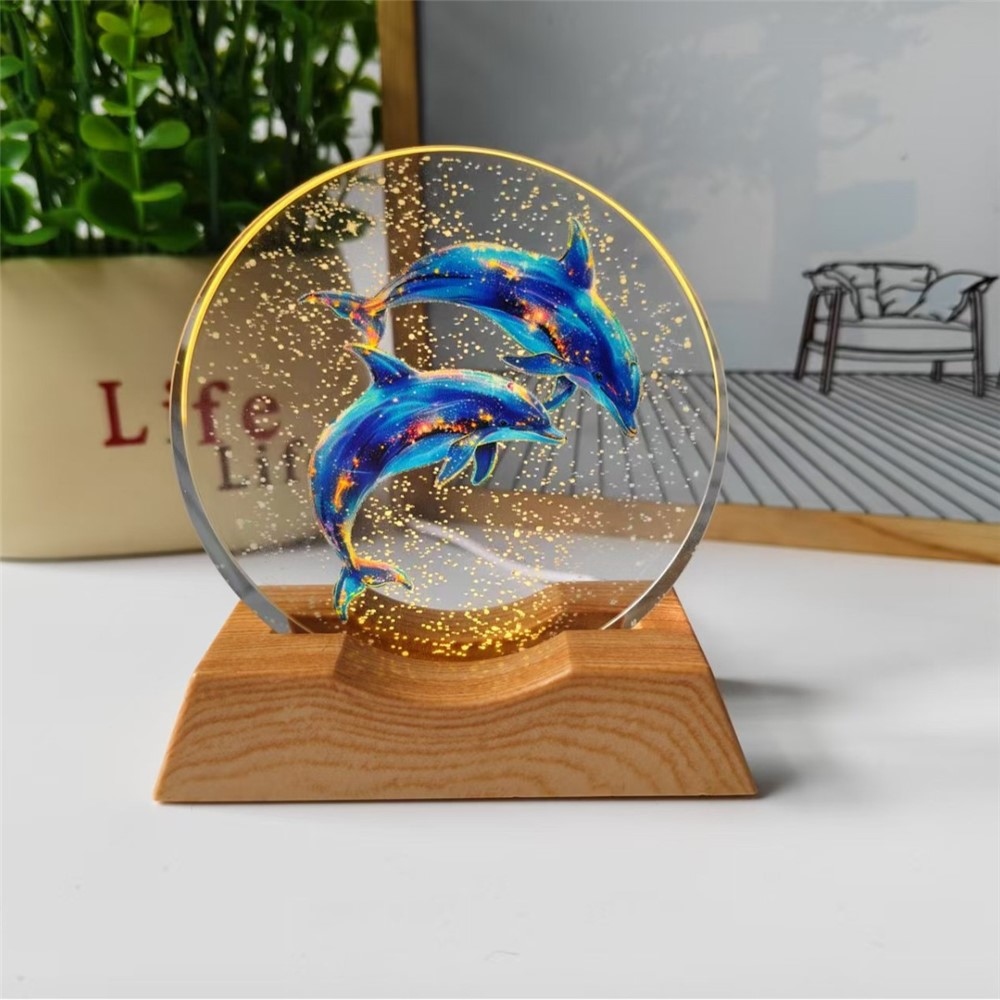 3D kristály LED lámpa 8 cm fa talppal - Delfinpár