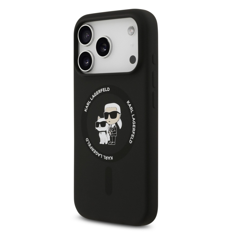 Karl Lagerfeld Liquid Silicone Karl és Choupette MagSafe hátsó tok iPhone 18 Pro Max-hoz, fekete