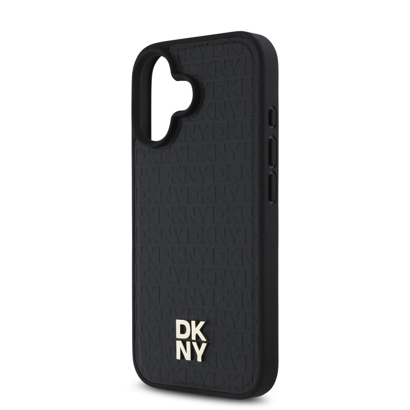 DKNY PU bőr Ismétlődő mintás Stack Logo MagSafe hátlap iPhone 16 Plus-hoz Fekete