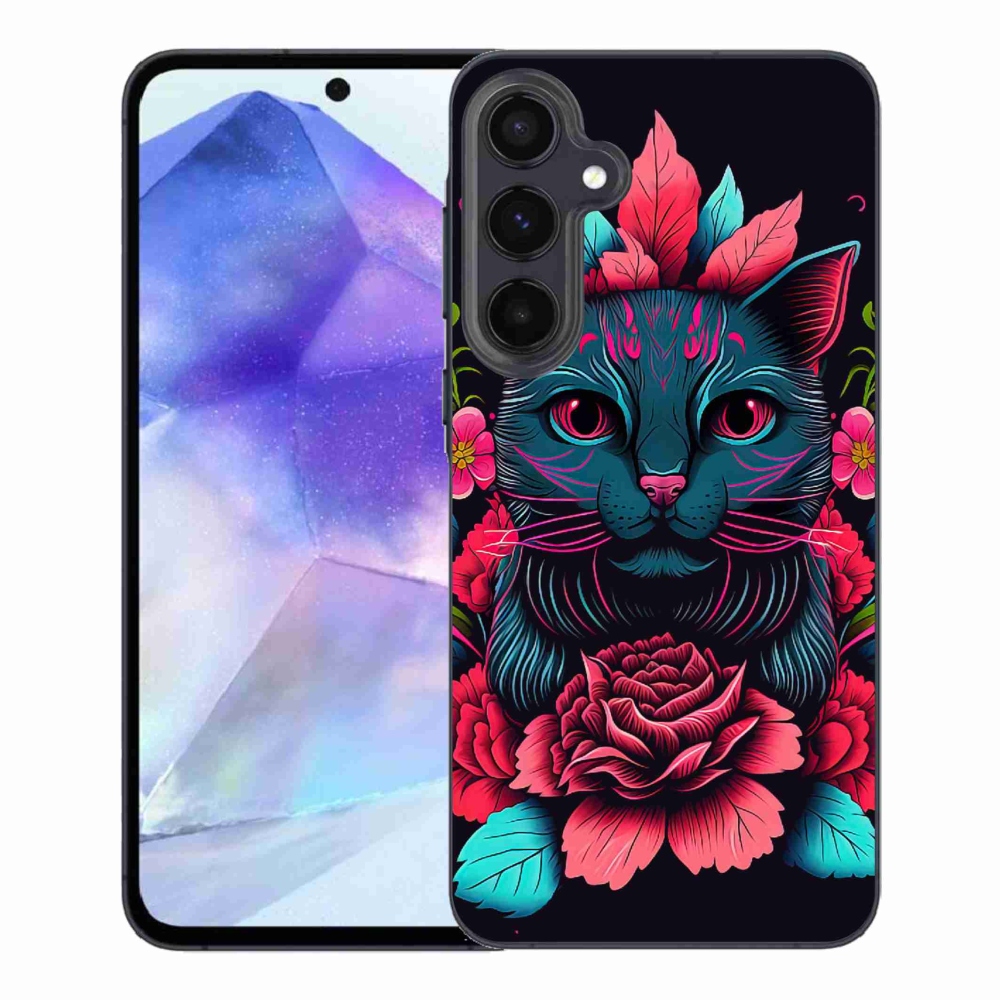 Gél borítás mmCase Samsung Galaxy A55 5G - virágok és macska