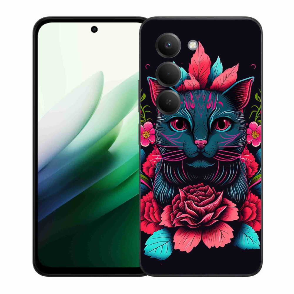 Gél borító mmCase a Xiaomi Redmi 15 5G számára - virágok és macska