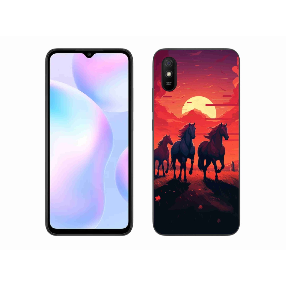 Gél borító mmCase a Xiaomi Redmi 9AT számára - lovak és naplemente