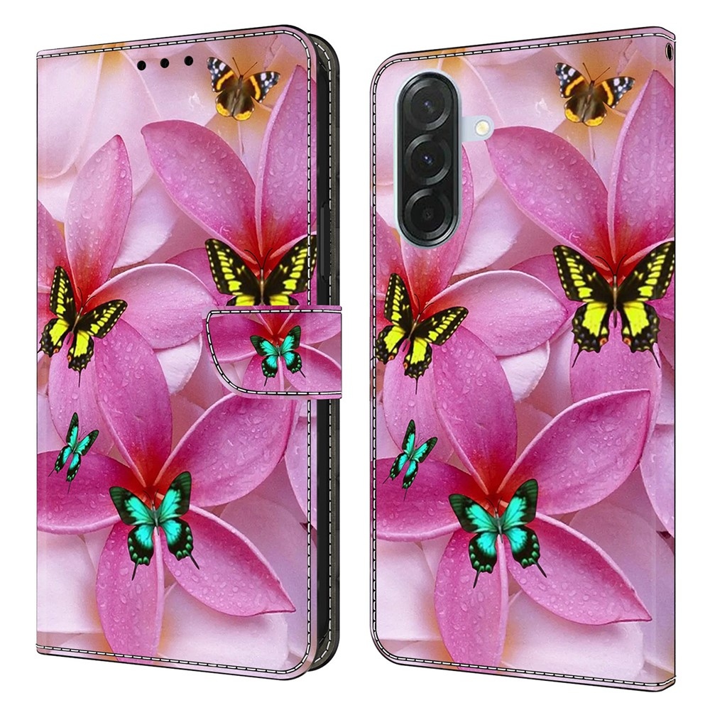 Divatos könyvtáska Samsung Galaxy A36 5G - pillangók és rózsaszín virágok