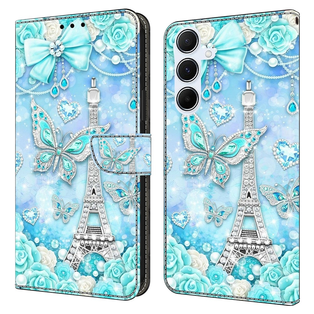 Divatos könyvtáska Samsung Galaxy A56 5G - Eiffel-torony és pillangók