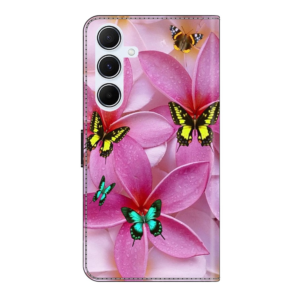 Divatos könyvtáska Samsung Galaxy A56 5G - pillangók és rózsaszín virágok
