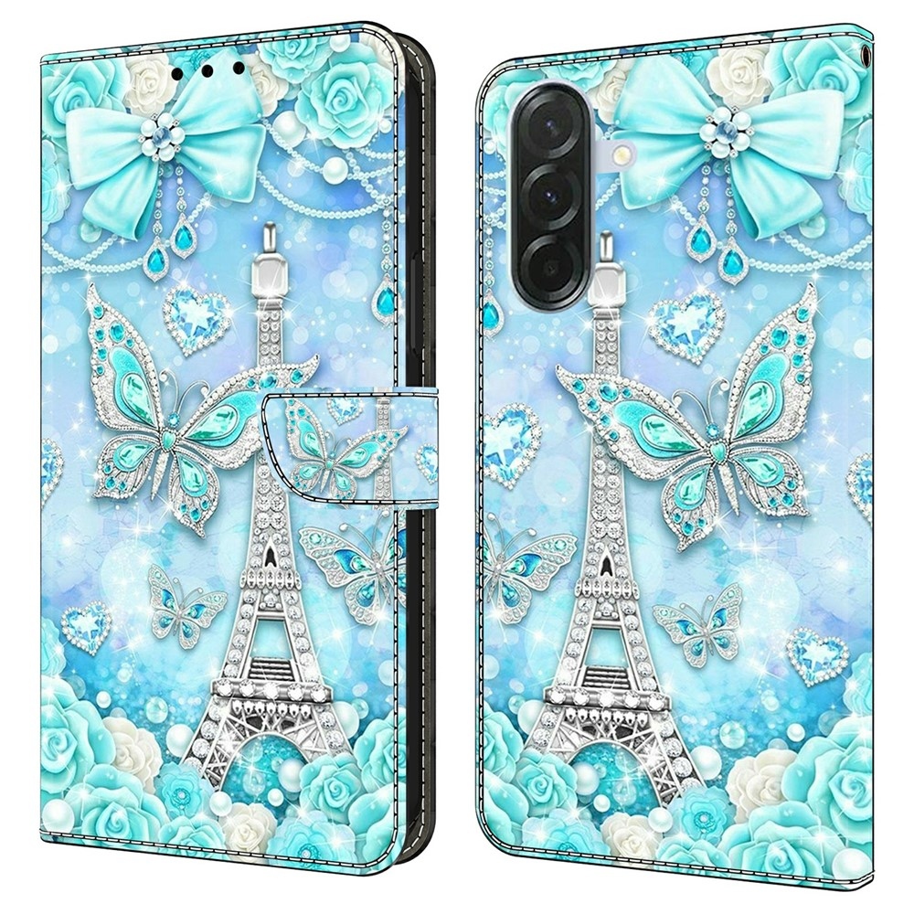 Divatos könyvtáska Samsung Galaxy A57 5G - Eiffel-torony és pillangók