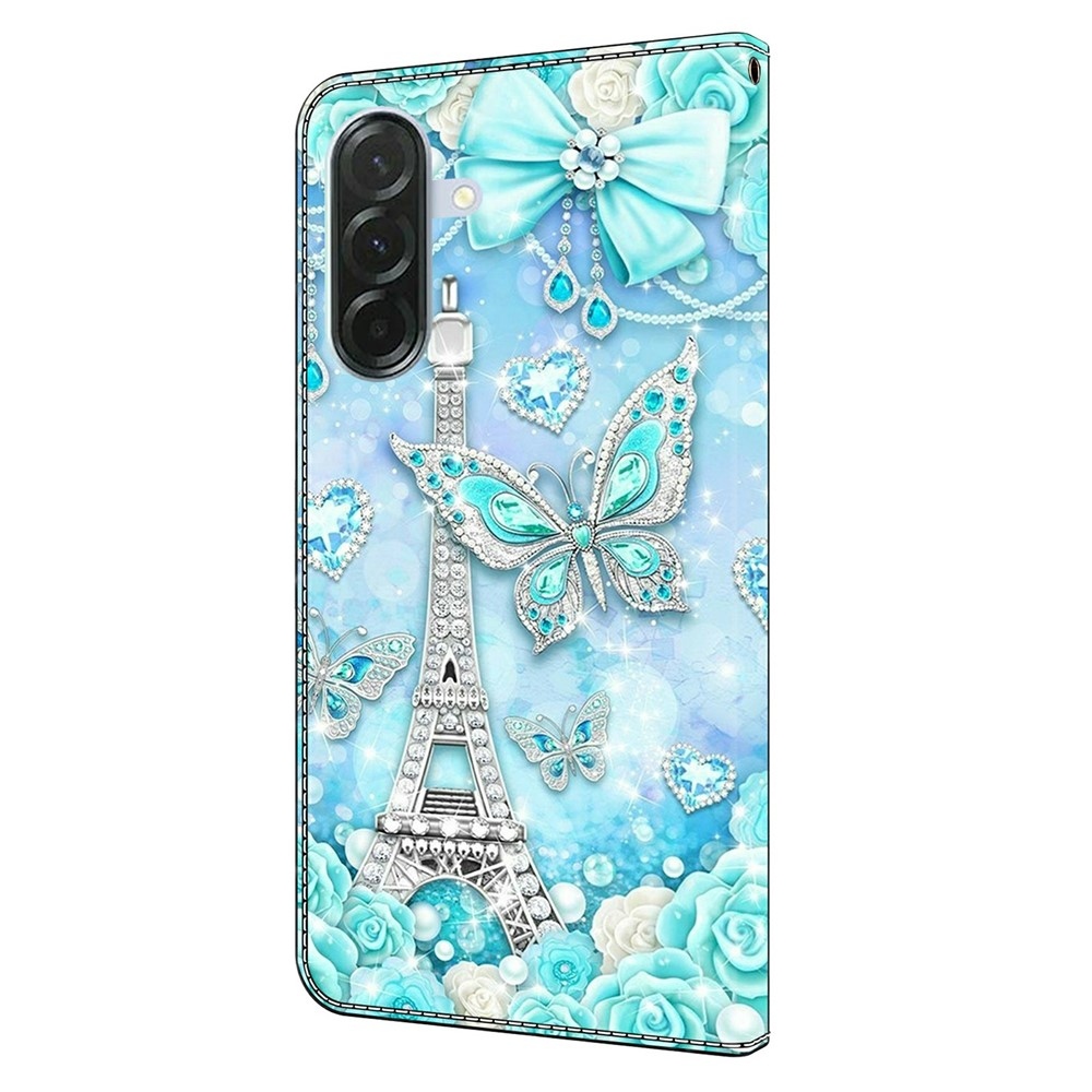 Divatos könyvtáska Samsung Galaxy A57 5G - Eiffel-torony és pillangók