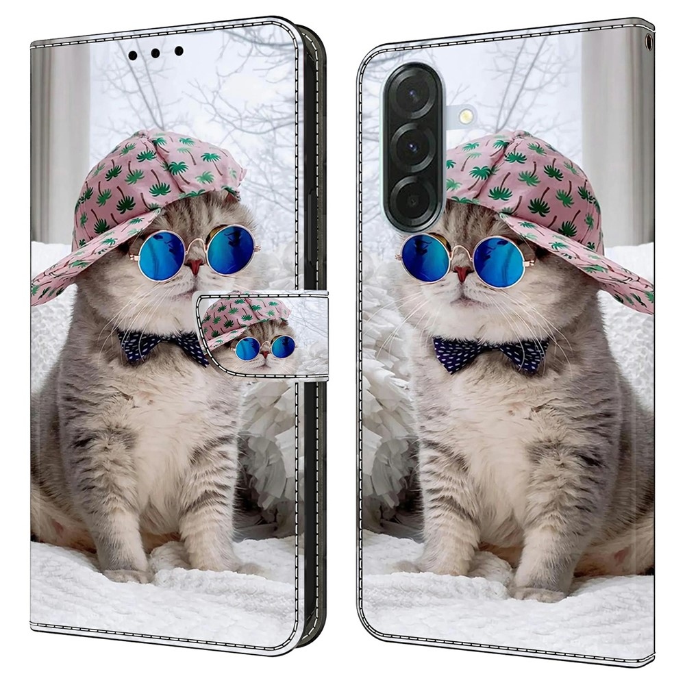 Divatos könyvtáska Samsung Galaxy A57 5G - macska a sapkában