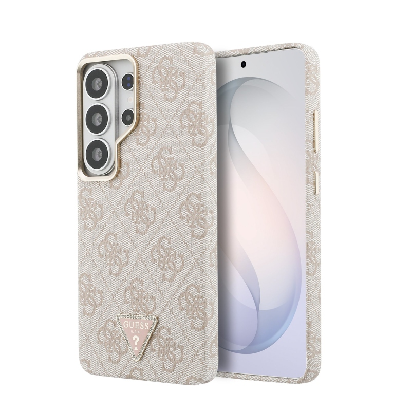 Guess PU bőr 4G Strass háromszög háromszög logó arany keret mágneses hátlap borító Samsung Galaxy S26 Ultra Pink