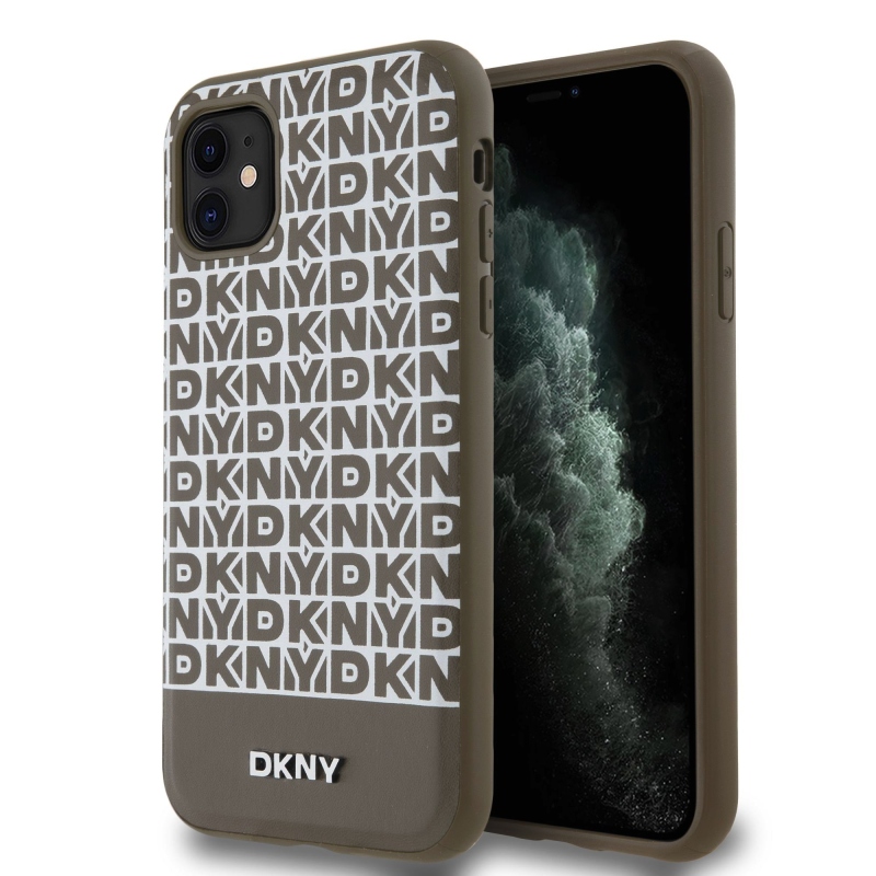 DKNY PU bőr ismétlődő mintás alsó csíkos MagSafe hátlap iPhone 11 barna színű borítóhoz