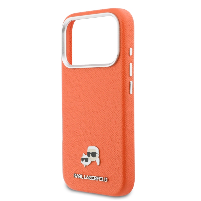 Karl Lagerfeld PU Karl és Choupette fejek tűk MagSafe hátlap iPhone 17 Pro Max narancssárga borítóhoz
