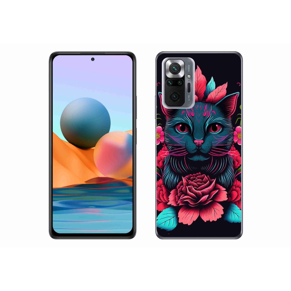 Gél borító mmCase a Xiaomi Redmi Note 10 Pro számára - virágok és macska