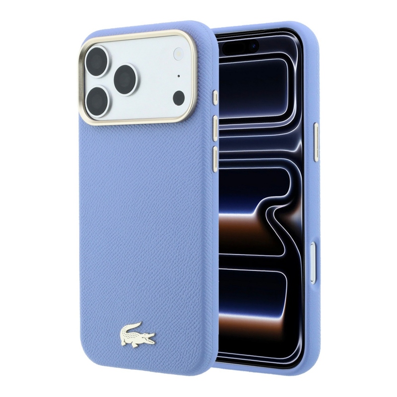 Lacoste PU bőr Champs-Élysées arany logós MagSafe hátsó tok iPhone 18 Pro-hoz, kék