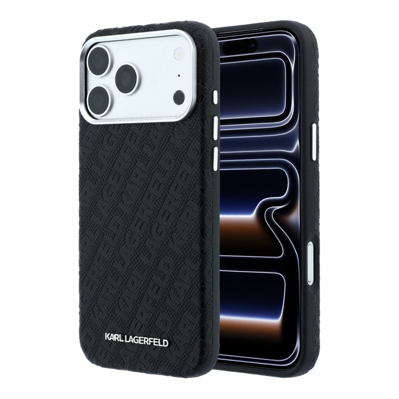 Karl Lagerfeld PU, szemcsés felületű, teljes felületet fedő, félig körbeérő Magsafe hátsó tok iPhone 18 Pro-hoz, fekete