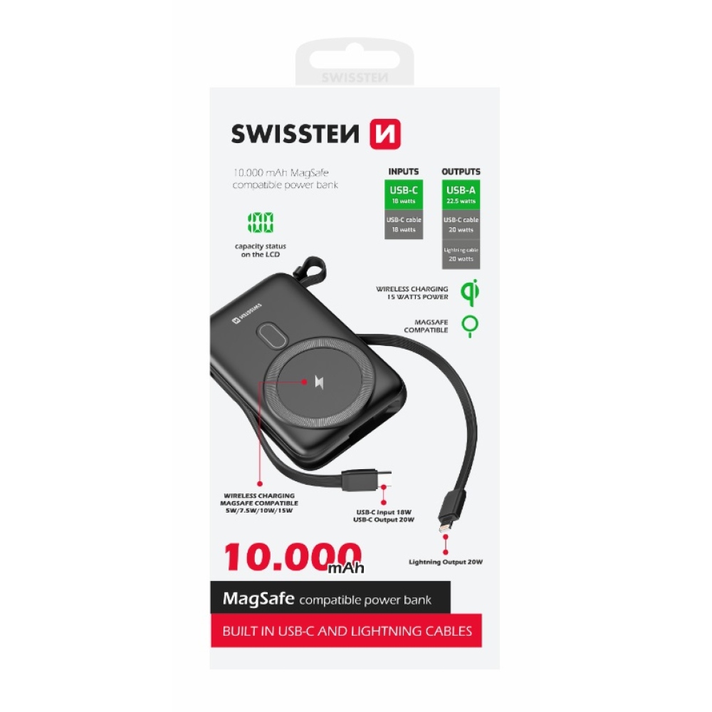 Swissten Powerbank PD 10000 mAh 20W beépített USB-C és villámkábellel (MagSafe kompatibilis)