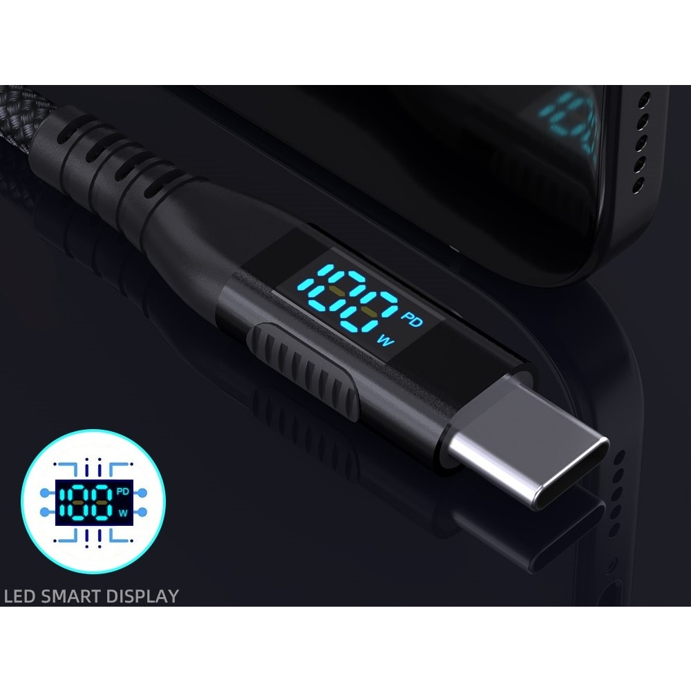 Nejlon USB-C / USB-C kijelzőkábellel 1m 100W - fekete