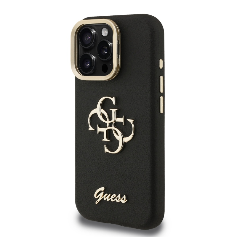 Guess PU szemcsés 4G Logo Stand Kamera keret hátlapi borító iPhone 15 Pro fekete