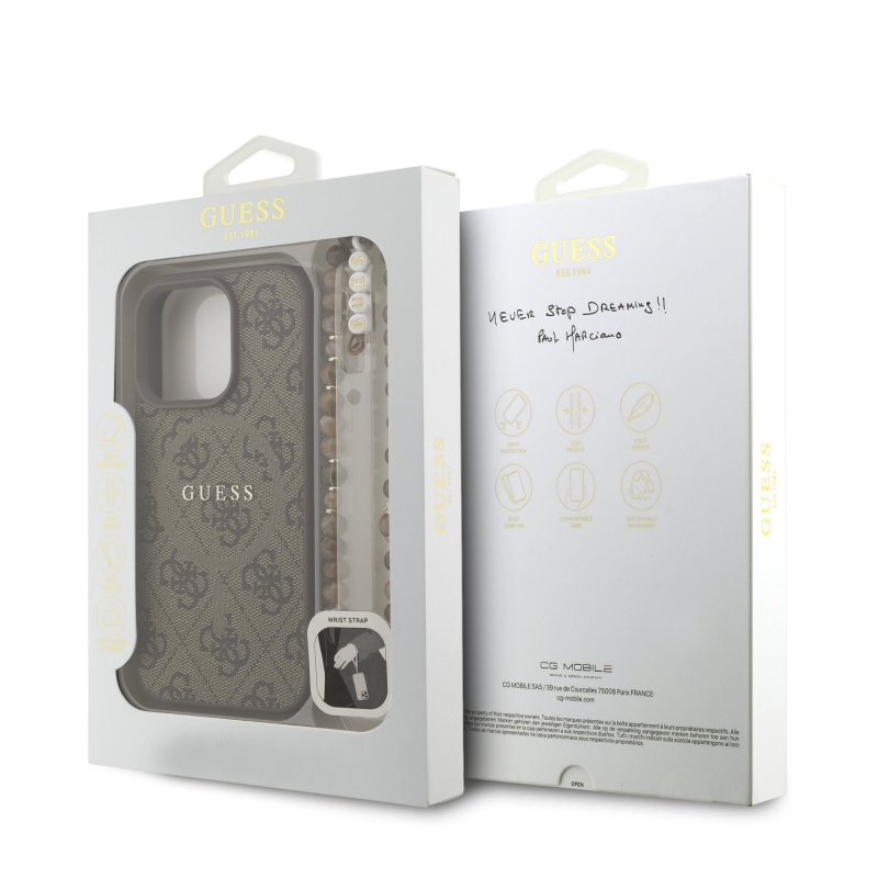 Guess PU bőr 4G színes gyűrűs pánt MagSafe hátsó borító iPhone 16 Pro barna színhez