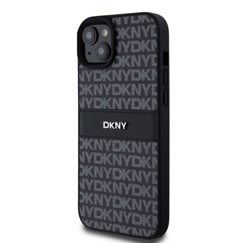 DKNY PU bőr ismétlődő mintás tonális csíkos hátlap iPhone 15 Plus-hoz Fekete