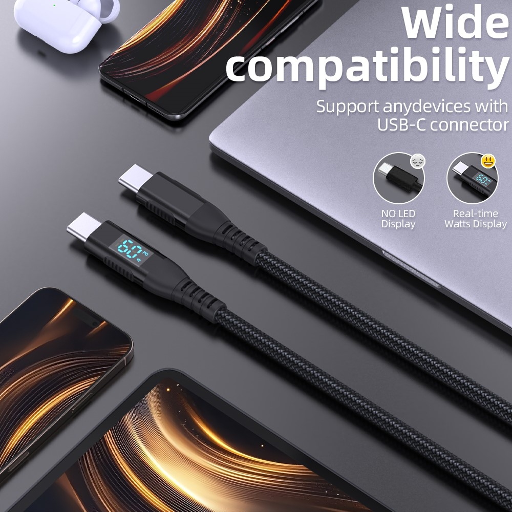 Nejlon USB-C / USB-C kijelzőkábellel 3m 60W - fekete