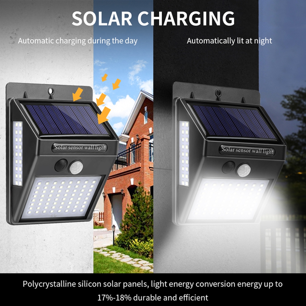 Nagy teljesítményű, napelemes LED fali lámpa érzékelővel