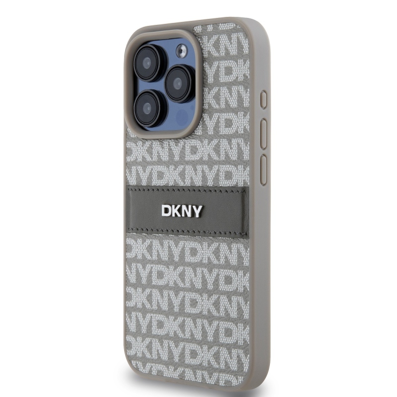 DKNY PU bőr ismétlődő mintás tonális csíkos hátlapi borító iPhone 15 Pro bézs színűhöz