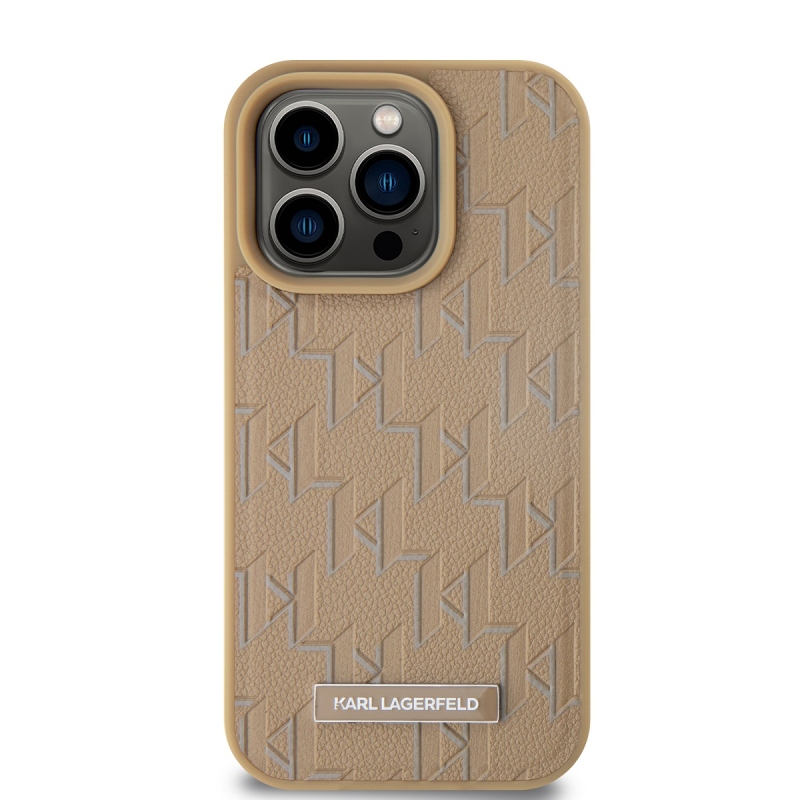 Karl Lagerfeld PU bőr monogram fém logó MagSafe hátlap iPhone 14 Pro Max bézs színű borítóhoz