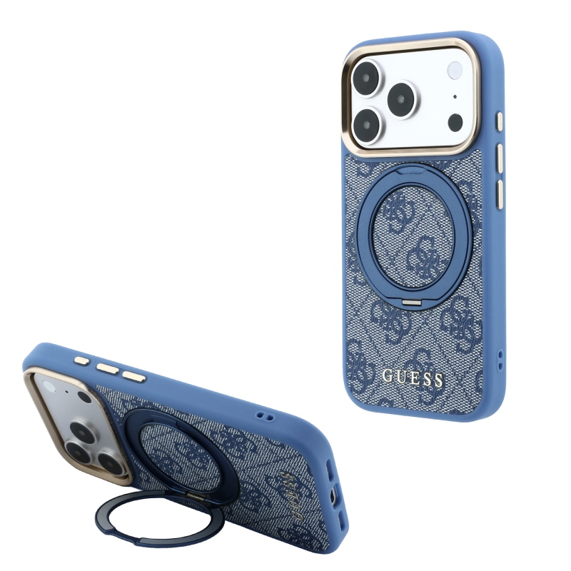 Guess PU 4G Ring Stand MagSafe hátsó tok iPhone 18 Pro-hoz, kék