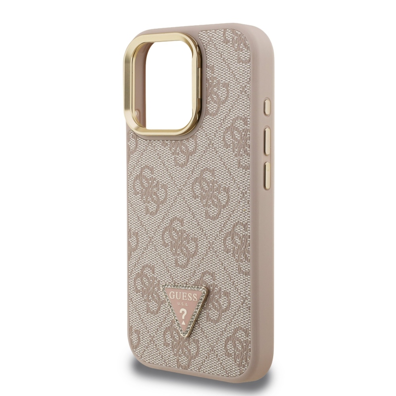 Guess PU 4G Strass háromszög logó állvány kamerakeret MagSafe hátlapi borító iPhone 15 Pro rózsaszínhez