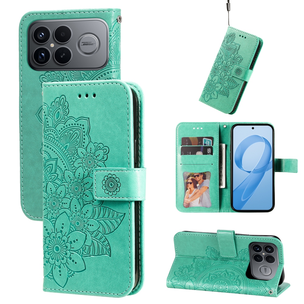 Virágos könyv tok a Xiaomi Poco F8 Ultra 5G-hez - teal színű