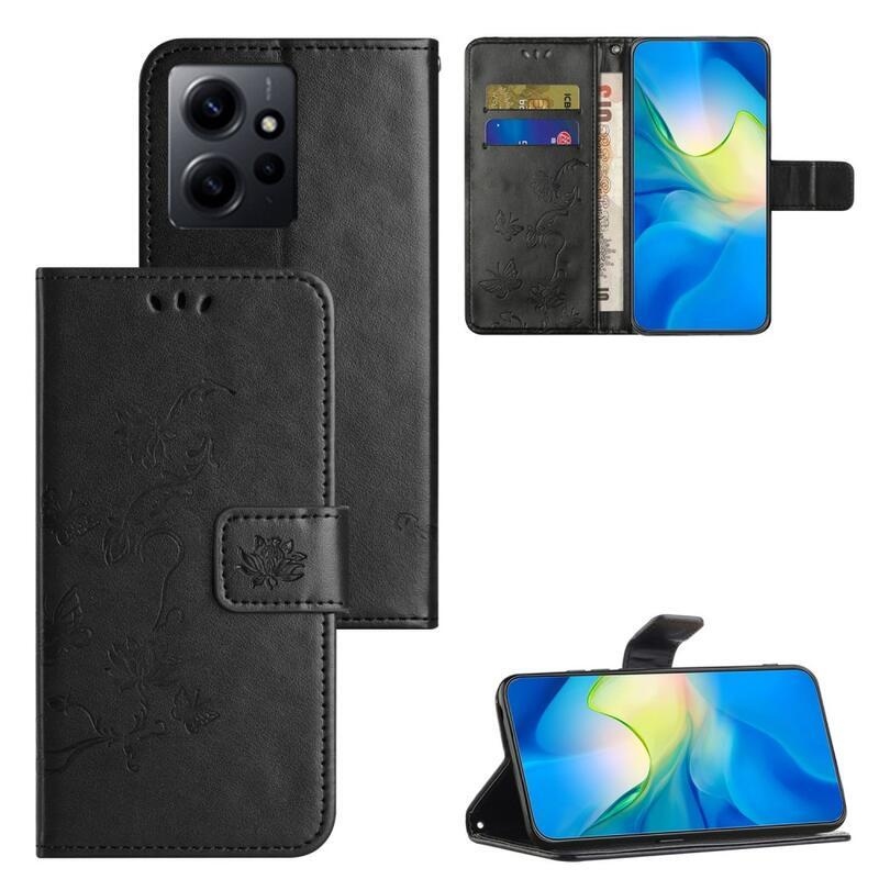 Virágos könyv tok a Xiaomi Redmi Note 12 4G-hez - fekete