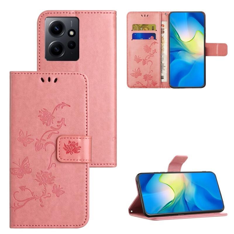Virágos könyv tok a Xiaomi Redmi Note 12 4G-hez - rózsaszínű