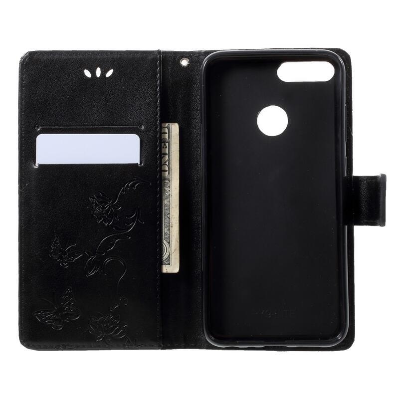 Virág PU bőr pénztárca tok Honor 9 Lite-hoz - fekete