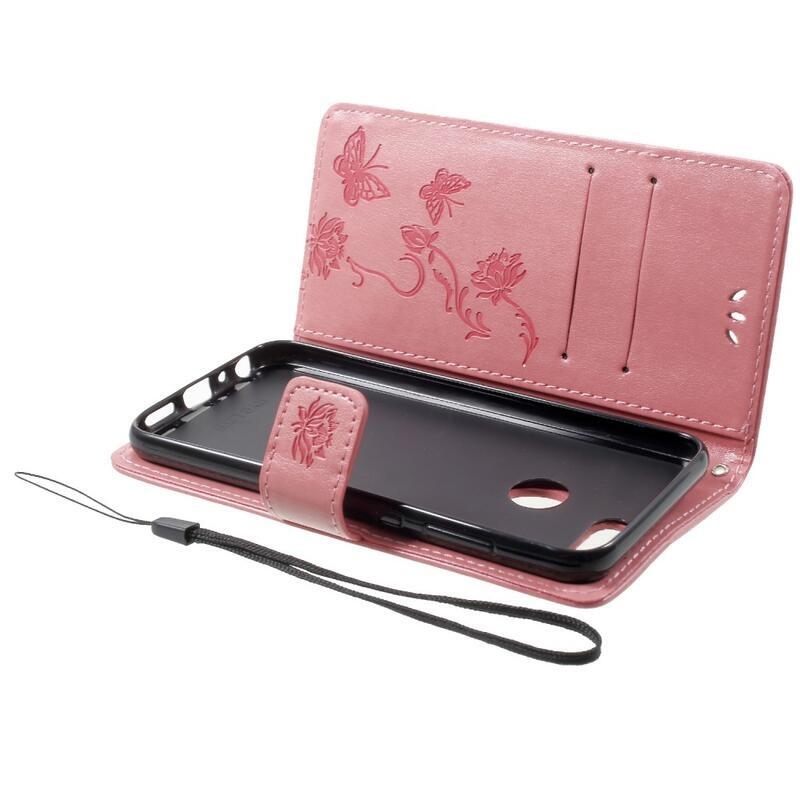 Virág PU bőr pénztárca tok Honor 9 Lite-hoz - rózsaszín